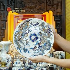 Bộ Đồ Thờ Thần Tài Thổ Địa (Cao Cấp 11 Món) Men Lam Nổi Vẽ Vàng