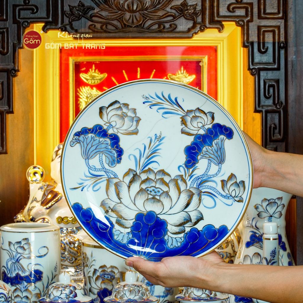 Bộ Đồ Thờ Thần Tài Thổ Địa (Cao Cấp 12 Món) Men Lam Vẽ Vàng