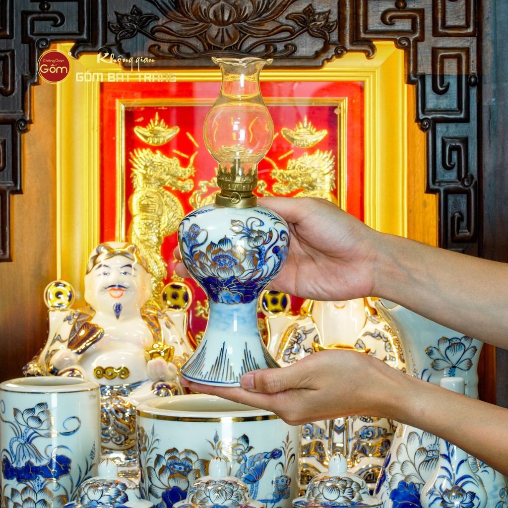 Bộ Đồ Thờ Thần Tài Thổ Địa (Cao Cấp 12 Món) Men Lam Vẽ Vàng