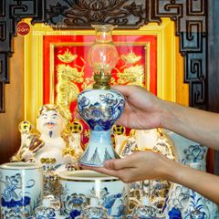 Bộ Đồ Thờ Thần Tài Thổ Địa (Cao Cấp 12 Món) Men Lam Vẽ Vàng