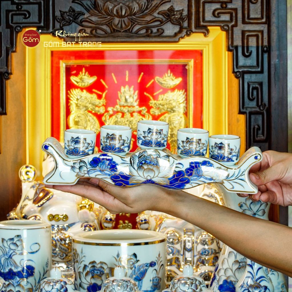 Bộ Đồ Thờ Thần Tài Thổ Địa (Cao Cấp 12 Món) Men Lam Vẽ Vàng