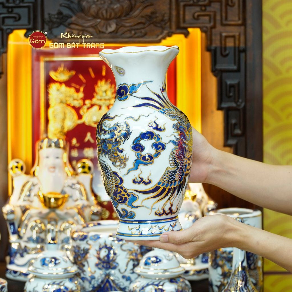 Bộ Đồ Thờ Thần Tài Thổ Địa (Cao Cấp 11 Món) Men Lam Nổi Vẽ Vàng