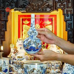 Bộ Đồ Thờ Thần Tài Thổ Địa (Cao Cấp 12 Món) Men Lam Vẽ Vàng