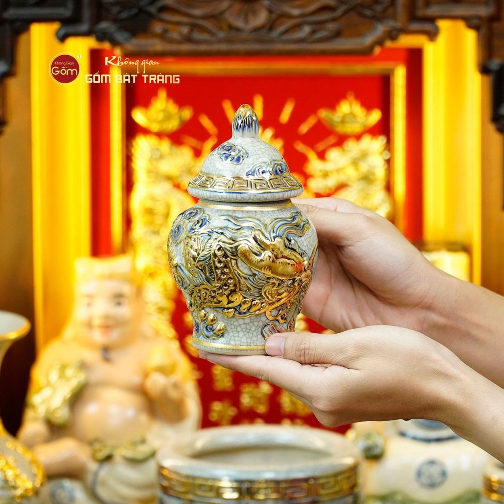 Bộ Đồ Thờ Thần Tài Thổ Địa (Cao Cấp 11 Món) Men Rạn Vẽ Vàng