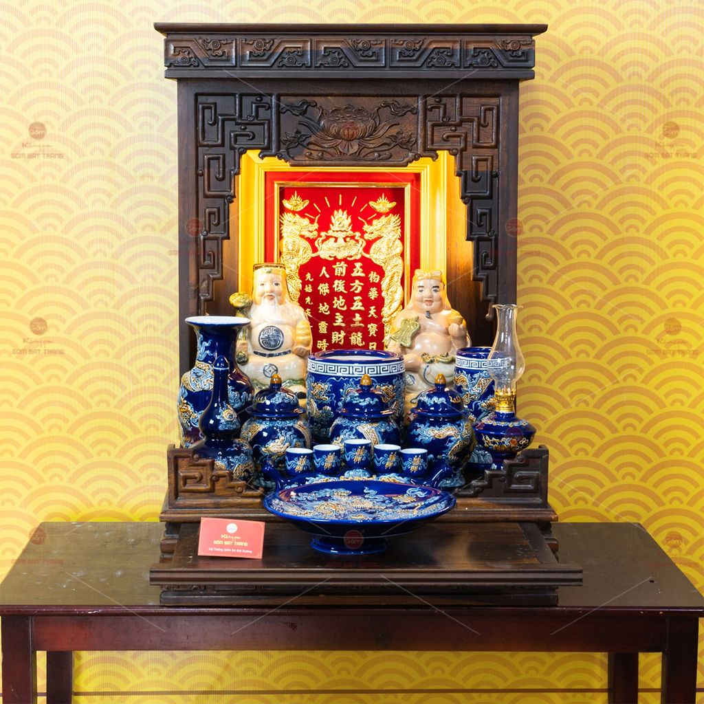 Bộ Đồ Thờ Thần Tài Thổ Địa (Cao Cấp 11 Món) Men Xanh Coban