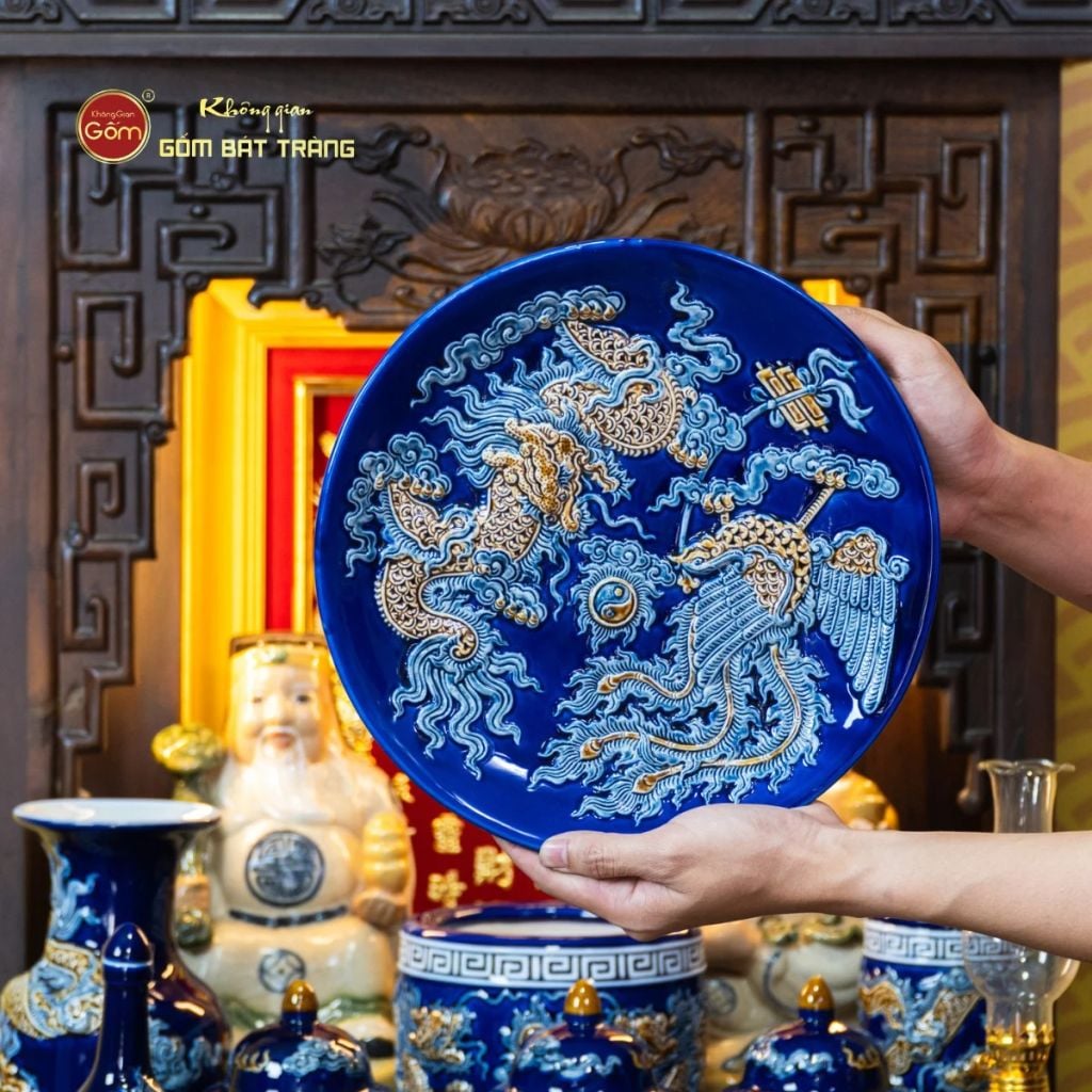 Mâm Bồng Thờ Men Xanh Coban Họa Tiết Long Phụng Trình Tường