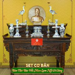 Bộ Đồ Thờ Bác Hồ (Cơ Bản 10 Món) Men Lam Nổi Vẽ Vàng