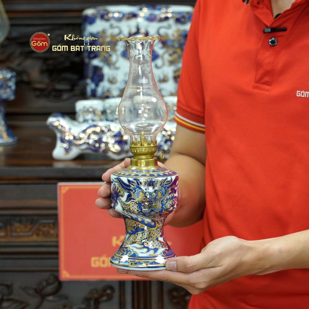 Bộ Đồ Thờ Bác Hồ (Cơ Bản 10 Món) Men Lam Nổi Vẽ Vàng