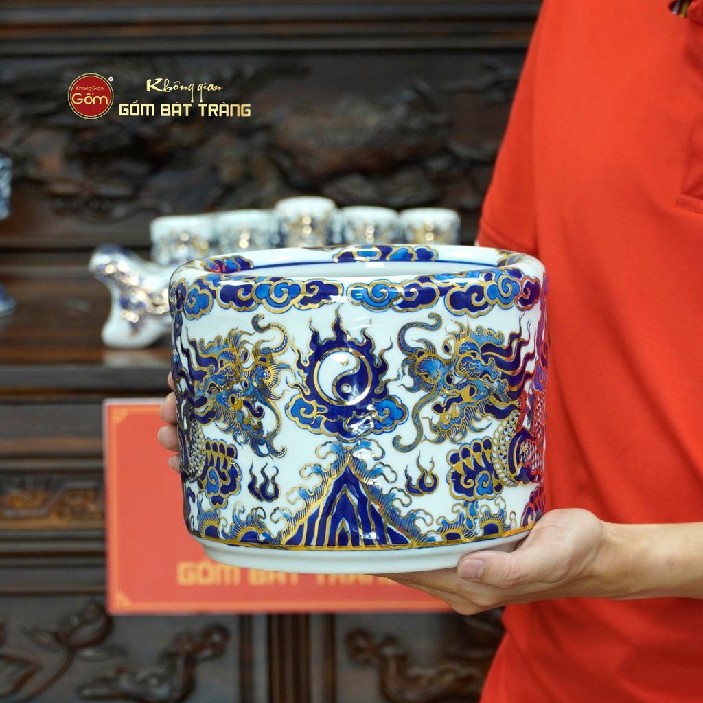 Bộ Đồ Thờ Bác Hồ (Cơ Bản 10 Món) Men Lam Nổi Vẽ Vàng