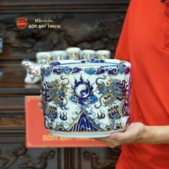 Bộ Đồ Thờ Bác Hồ (Cơ Bản 10 Món) Men Lam Nổi Vẽ Vàng