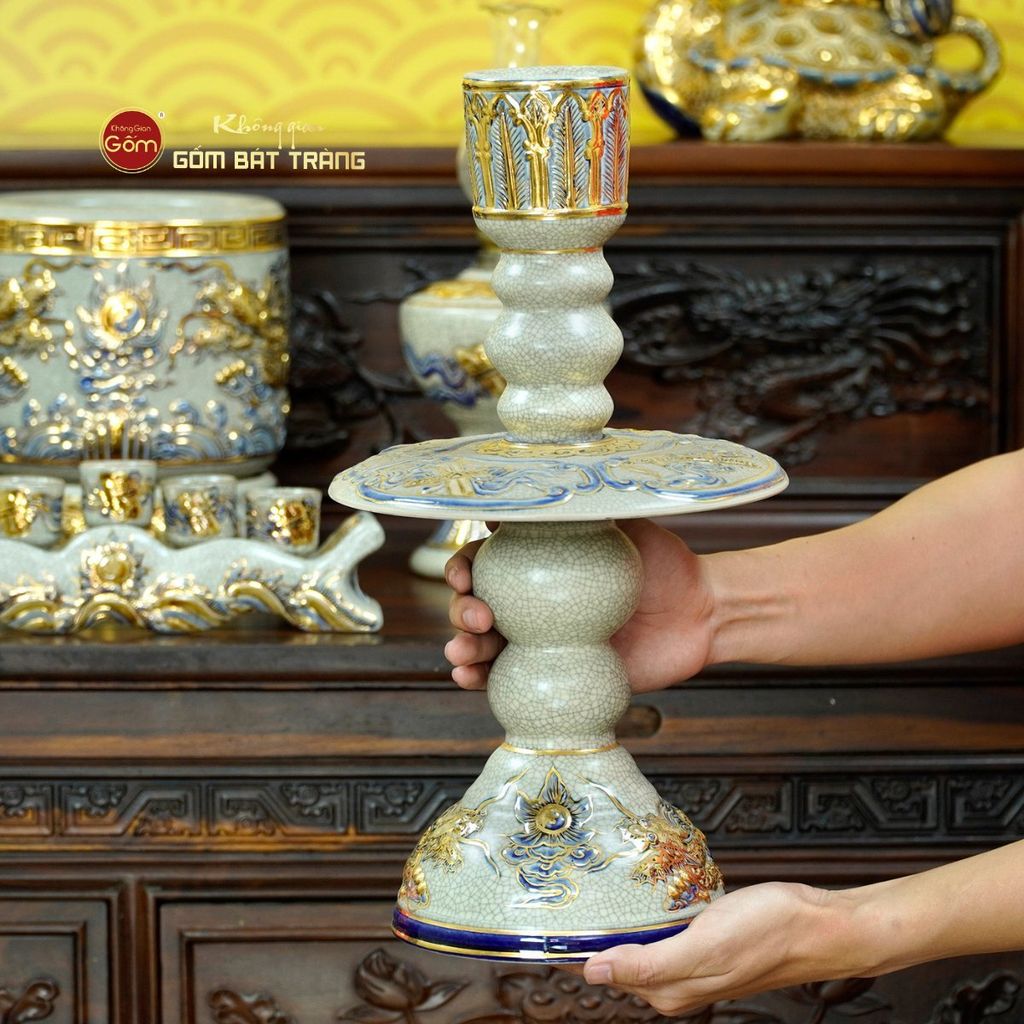 Bộ Đồ Thờ Bác Hồ (Cao Cấp 16 Món) Men Rạn Vẽ Vàng