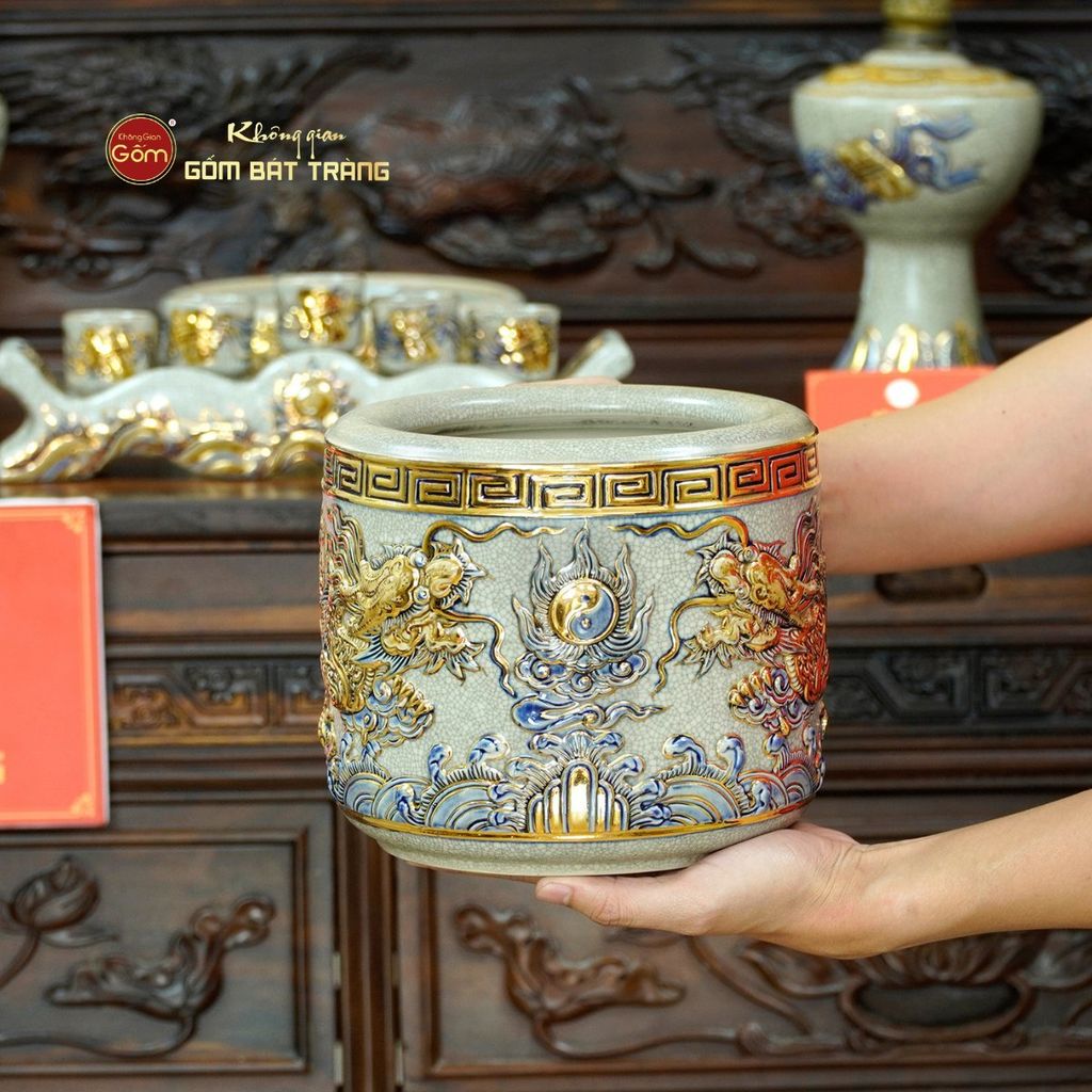 Bộ Đồ Thờ Bác Hồ (Cơ Bản 10 Món) Men Rạn Vẽ Vàng