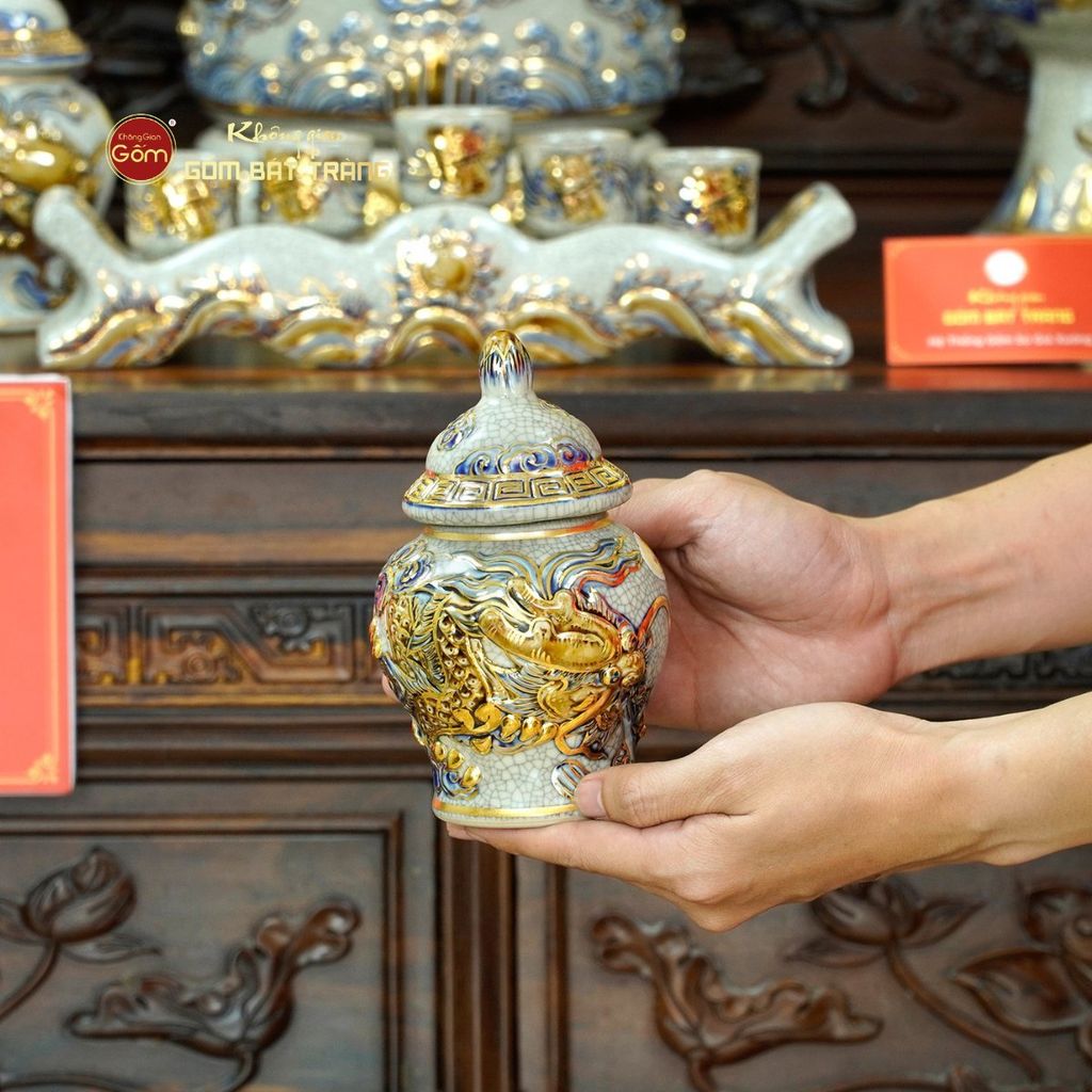 Bộ Đồ Thờ Bác Hồ (Cao Cấp 16 Món) Men Rạn Vẽ Vàng