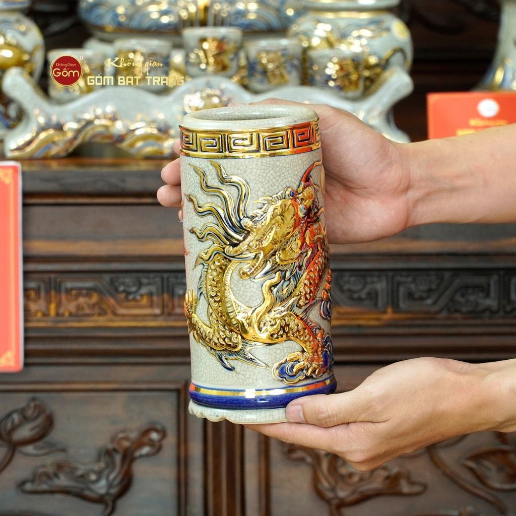 Bộ Đồ Thờ Bác Hồ (Cao Cấp 16 Món) Men Rạn Vẽ Vàng