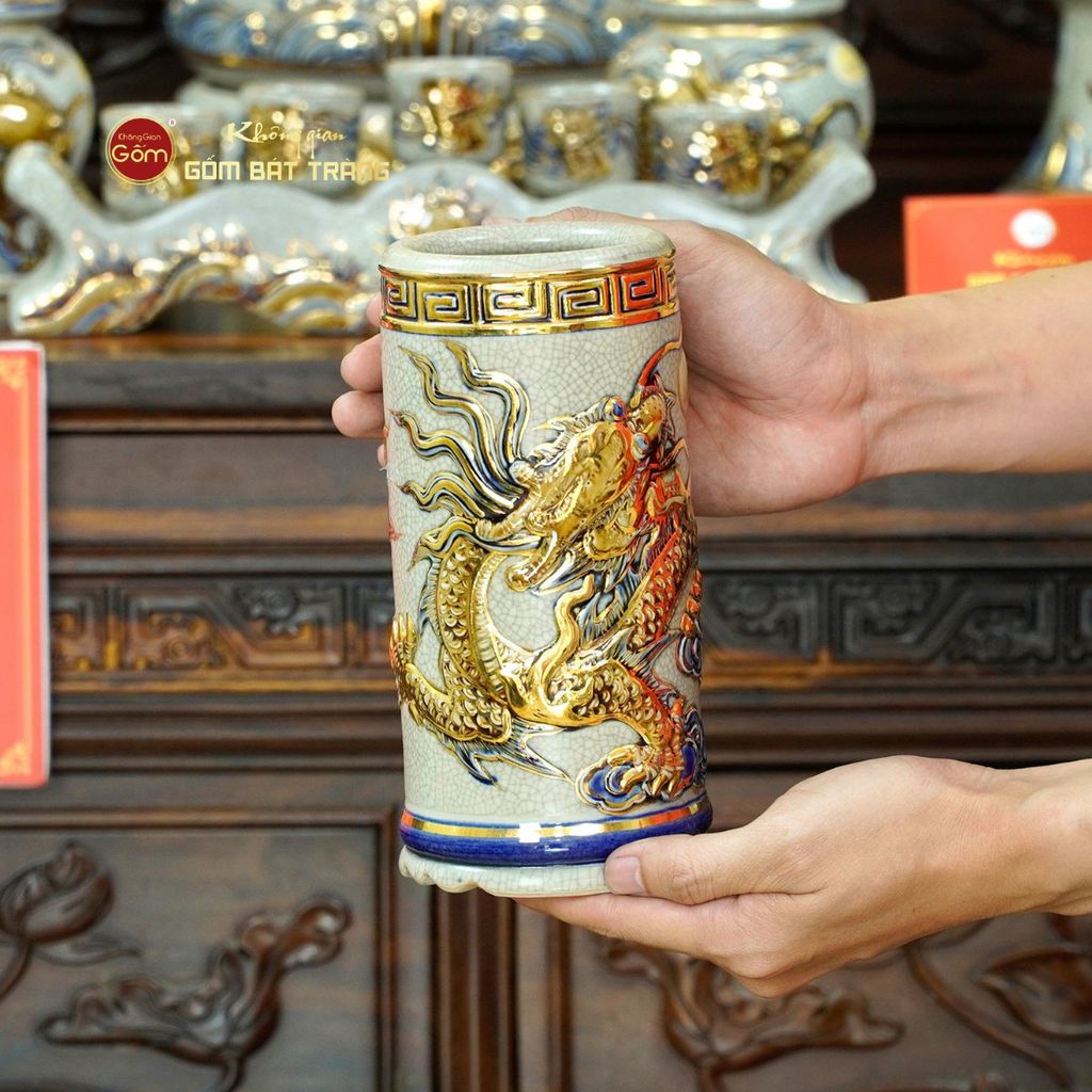 Bộ Đồ Thờ Bác Hồ (Cơ Bản 10 Món) Men Rạn Vẽ Vàng