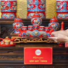 Bộ Kỷ Ngai 5 Chén Thờ Men Đỏ Họa Tiết Cuốn Thư