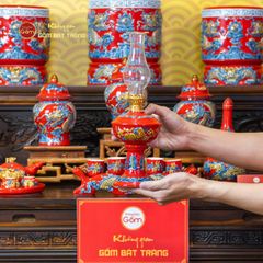 Đèn Dầu Thờ Men Đỏ Họa Tiết Cành Đào
