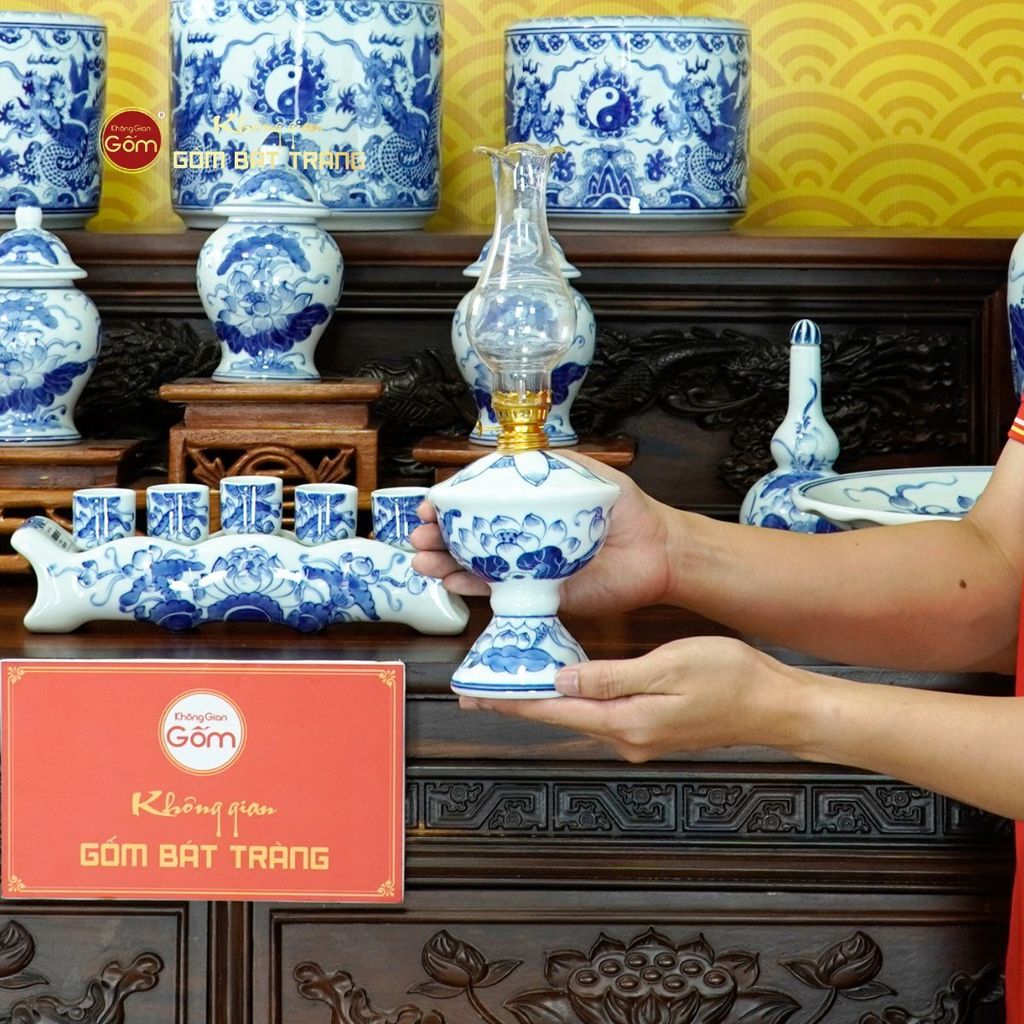 Bộ Đồ Thờ Gia Tiên (Cơ Bản 15 Món) Men Lam