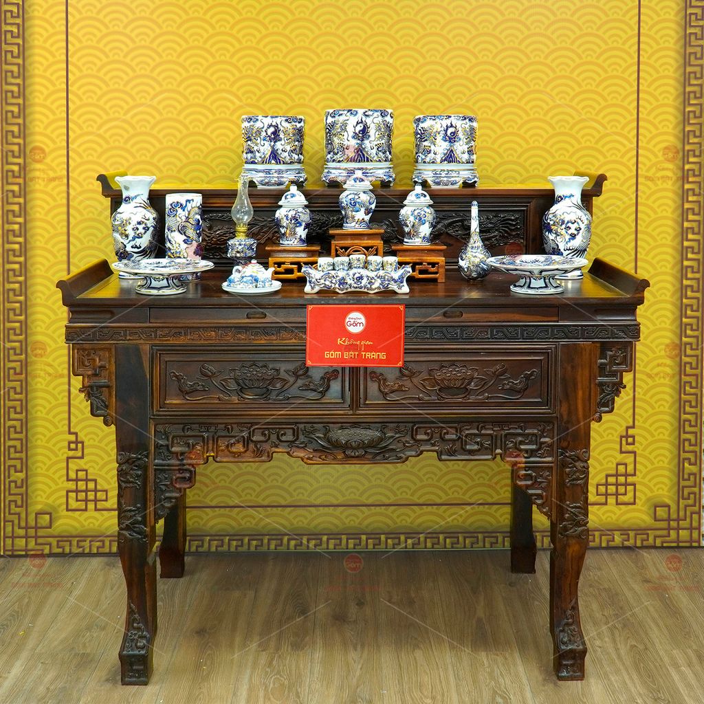 Bộ Đồ Thờ Gia Tiên (Cơ Bản 15 Món) Men Lam Nổi Vẽ Vàng
