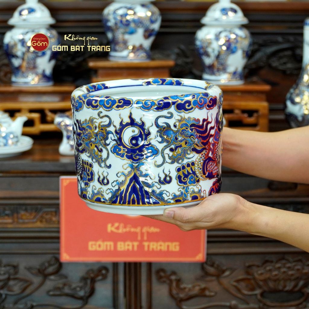 Bộ Đồ Thờ Gia Tiên (Cơ Bản 15 Món) Men Lam Nổi Vẽ Vàng