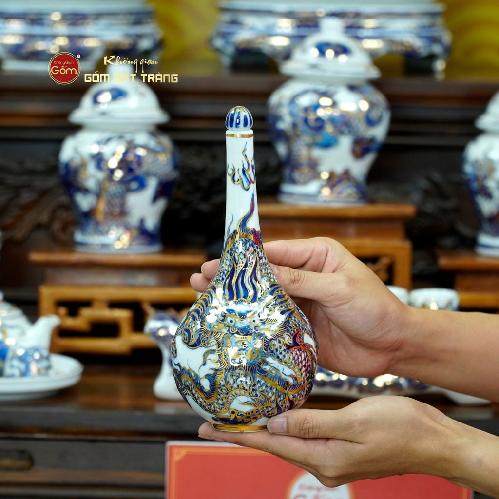 Bộ Đồ Thờ Gia Tiên (Cơ Bản 15 Món) Men Lam Nổi Vẽ Vàng