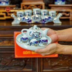 Bộ Đồ Thờ Gia Tiên (Cơ Bản 15 Món) Men Lam Vẽ Vàng