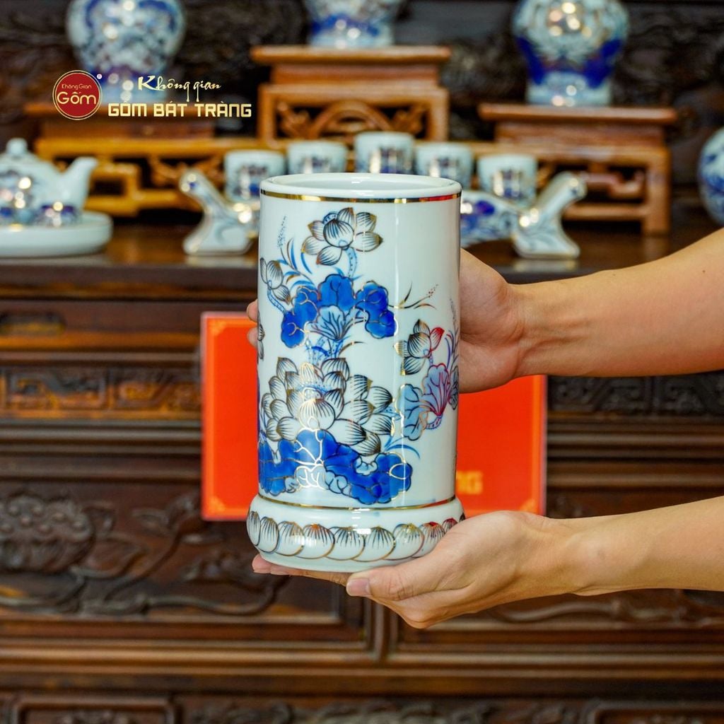 Bộ Đồ Thờ Gia Tiên (Cơ Bản 15 Món) Men Lam Vẽ Vàng