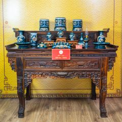 Bộ Kỷ Ngai 3 Chén Thờ Men Lục Họa Tiết Cuốn Thư