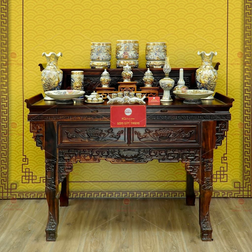 Bộ Đồ Thờ Gia Tiên (Cơ Bản 15 Món) Men Rạn Vẽ Vàng