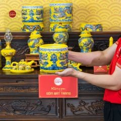 Bát Hương Thờ Men Vàng Họa Tiết Song Long Chầu Nguyệt