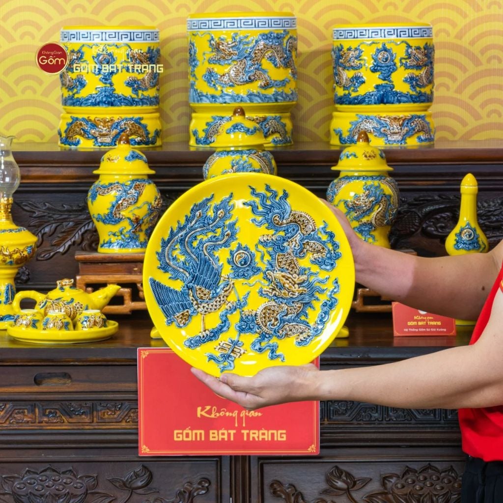 Mâm Bồng Thờ Men Vàng Họa Tiết Long Phụng Trình Tường
