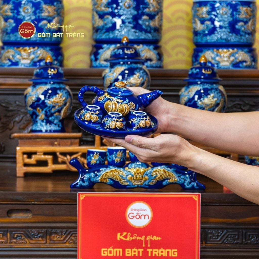 Bộ Đồ Thờ Gia Tiên (Cơ Bản 15 Món) Men Xanh Coban