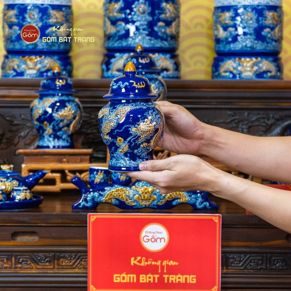 Bộ Đồ Thờ Gia Tiên (Cơ Bản 15 Món) Men Xanh Coban