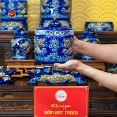 Bát Hương Thờ Men Xanh Coban Họa Tiết Song Long Chầu Nguyệt