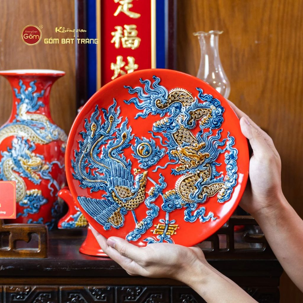Mâm Bồng Thờ Men Đỏ Họa Tiết Long Phụng Trình Tường