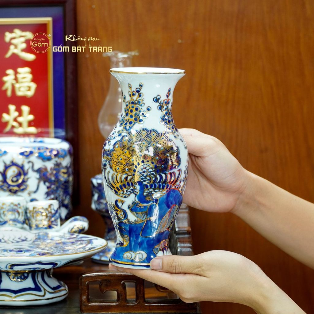 Bộ Đồ Thờ Ông Táo (Cơ Bản 6 Món) Men Lam Nổi Vẽ Vàng