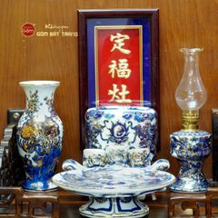 Bộ Đồ Thờ Ông Táo (Cơ Bản 6 Món) Men Lam Nổi Vẽ Vàng