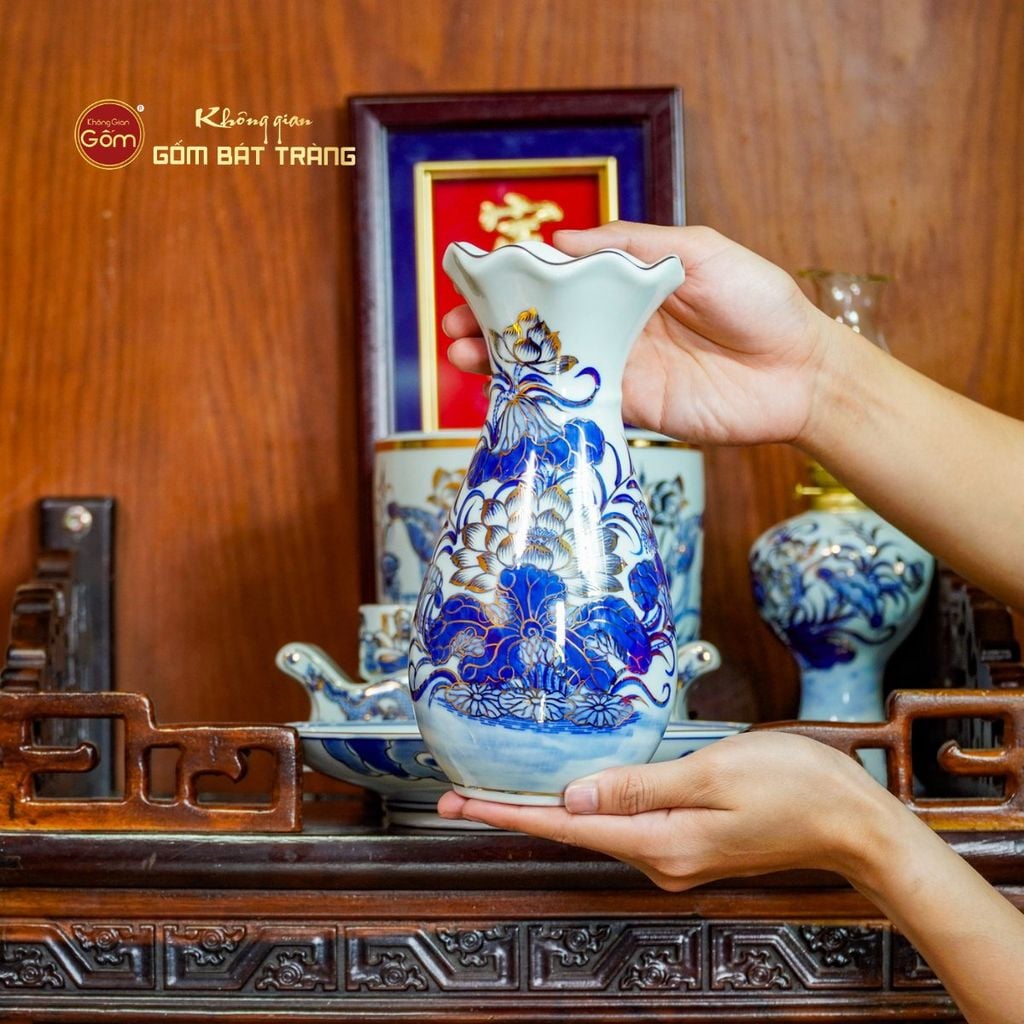 Bộ Đồ Thờ Ông Táo (Cơ Bản 6 Món) Men Lam Vẽ Vàng