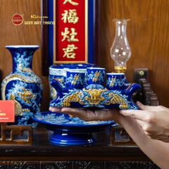 Bộ Đồ Thờ Ông Táo (Cơ Bản 6 Món) Men Xanh Coban
