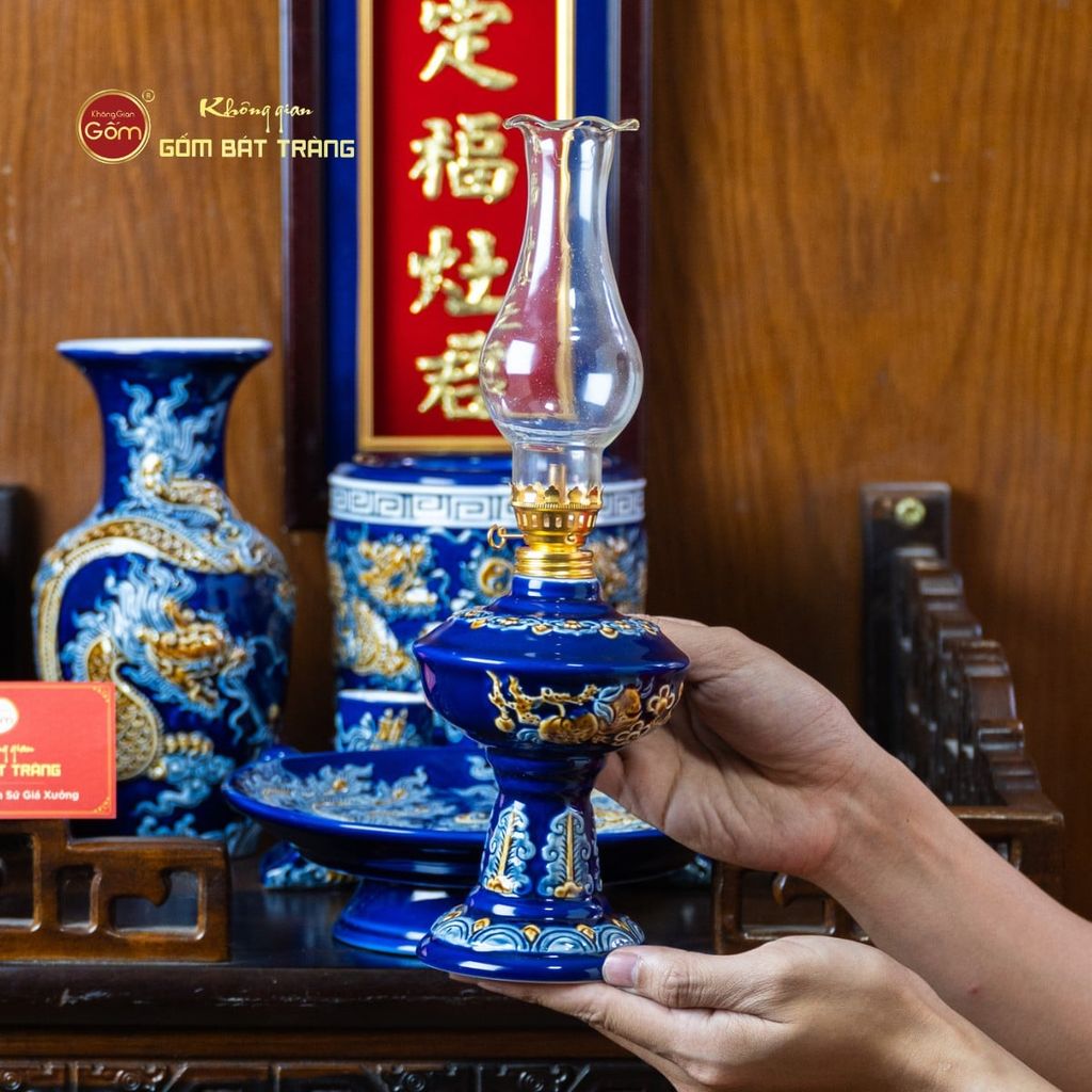 Bộ Đồ Thờ Ông Táo (Cơ Bản 6 Món) Men Xanh Coban