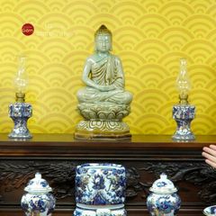 Bộ Đồ Thờ Phật (Cơ Bản 11 Món) Men Lam Nổi Vẽ Vàng