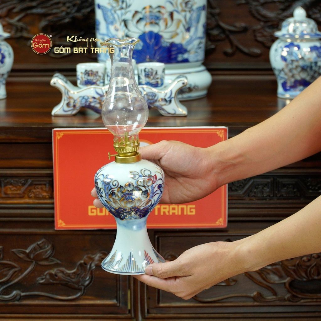 Bộ Đồ Thờ Phật (Cơ Bản 11 Món) Men Lam Vẽ Vàng