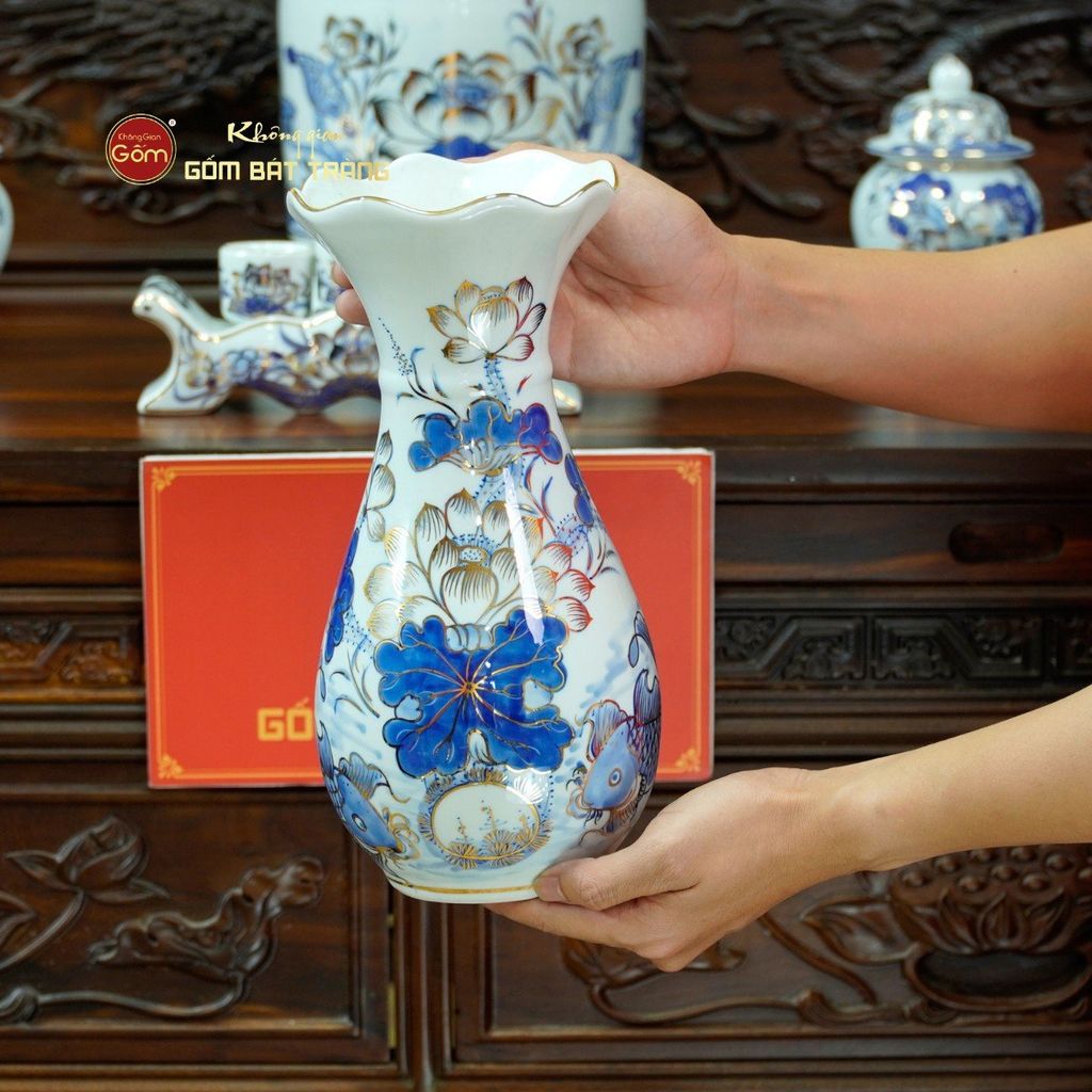 Bộ Đồ Thờ Phật (Cơ Bản 11 Món) Men Lam Vẽ Vàng