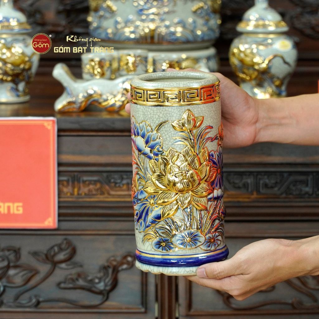 Bộ Đồ Thờ Phật (Cơ Bản 11 Món) Men Rạn Vẽ Vàng