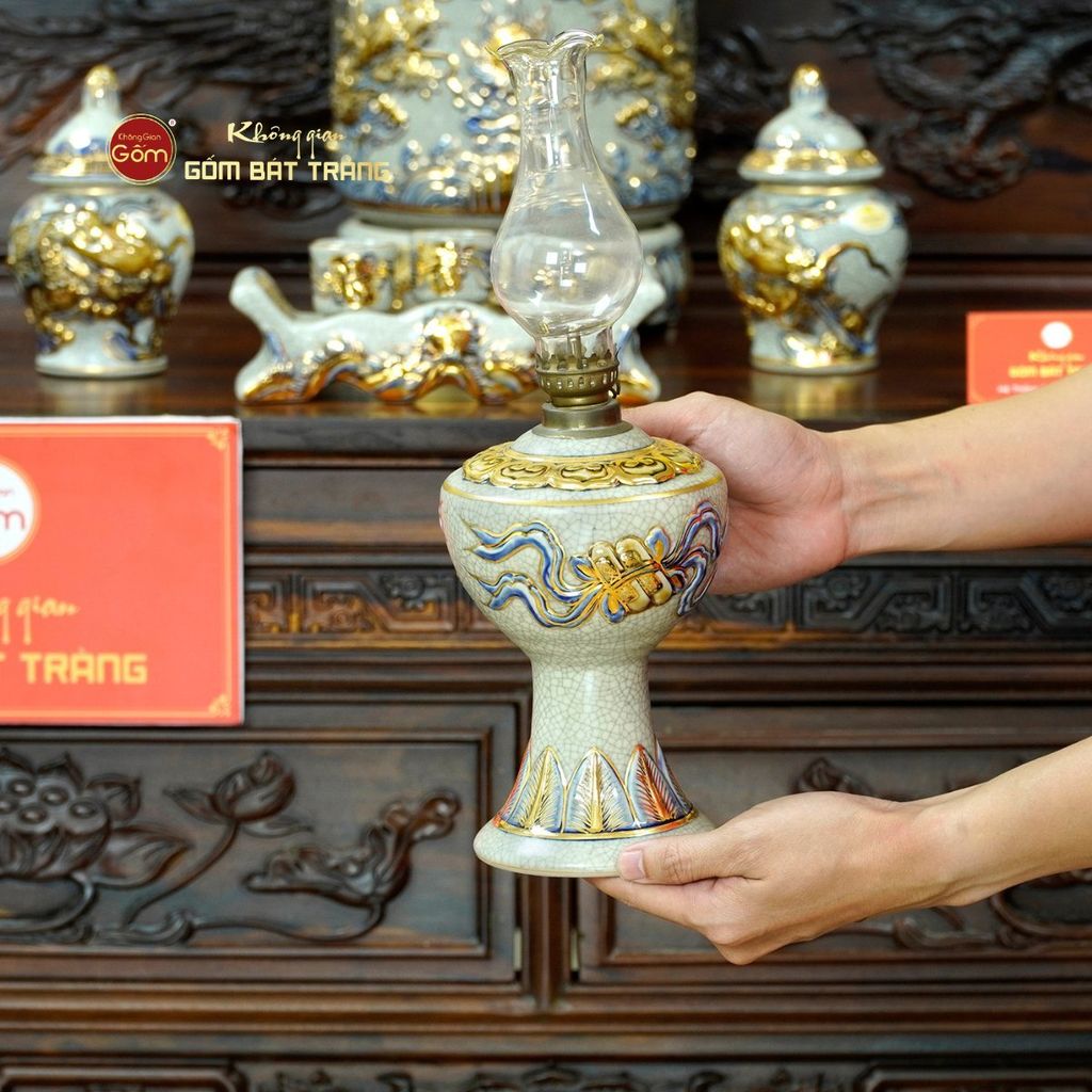 Bộ Đồ Thờ Phật (Cơ Bản 11 Món) Men Rạn Vẽ Vàng