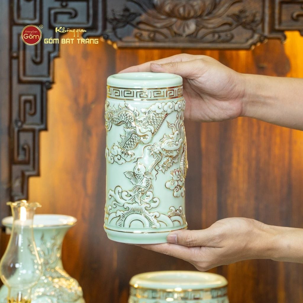 Bộ Đồ Thờ Thần Tài Thổ Địa (Cơ Bản 9 Món) Men Hoàng Tộc Vẽ Vàng