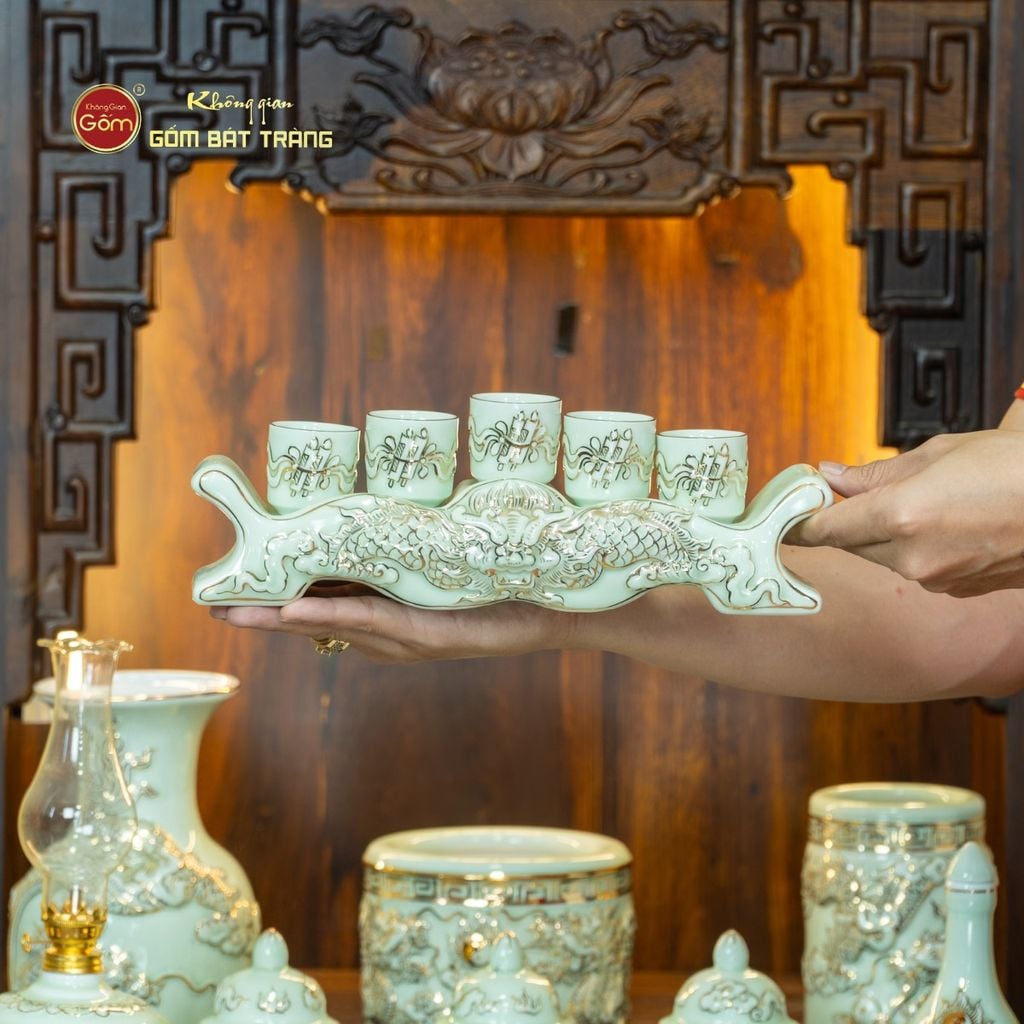 Bộ Đồ Thờ Thần Tài Thổ Địa (Cơ Bản 9 Món) Men Hoàng Tộc Vẽ Vàng