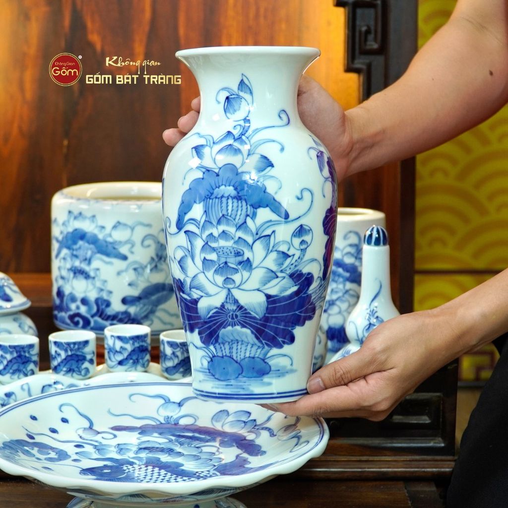 Bộ Đồ Thờ Thần Tài Thổ Địa (Cơ Bản 9 Món) Men Lam