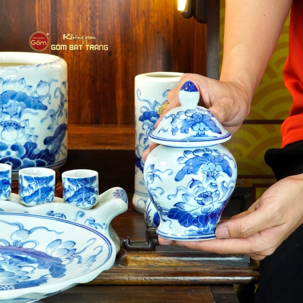 Bộ Đồ Thờ Thần Tài Thổ Địa (Cơ Bản 9 Món) Men Lam