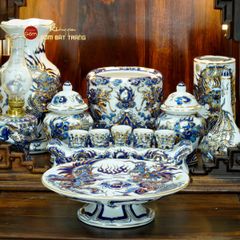 Bộ Đồ Thờ Thần Tài Thổ Địa (Cơ Bản 9 Món) Men Lam Nổi Vẽ Vàng